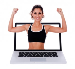 Fitness woman showing a exercises position through laptop scree